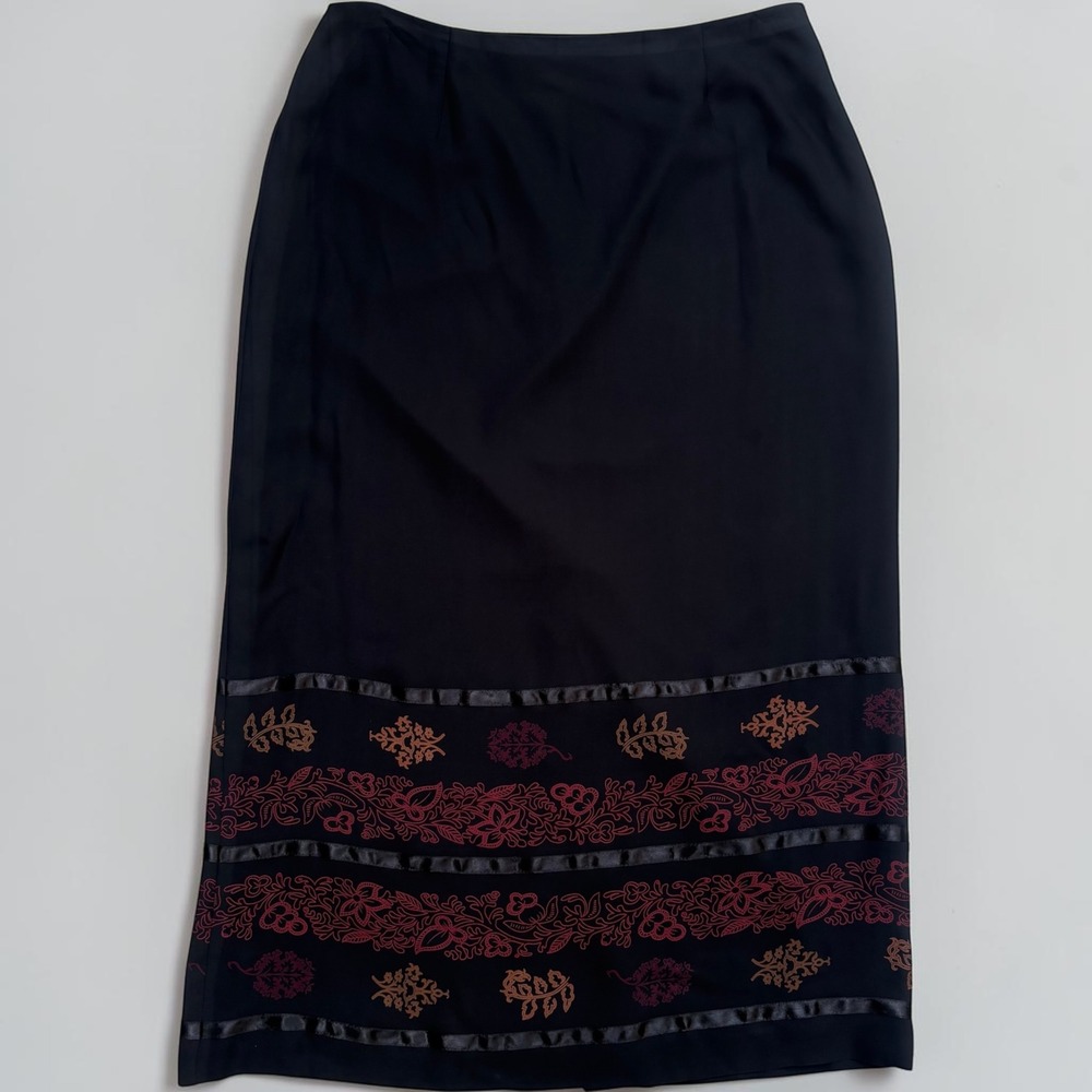 VTG Y2K Petite Sophisticate Skirt 12P Black Silk Floral Maxi Dark Romantic Fall